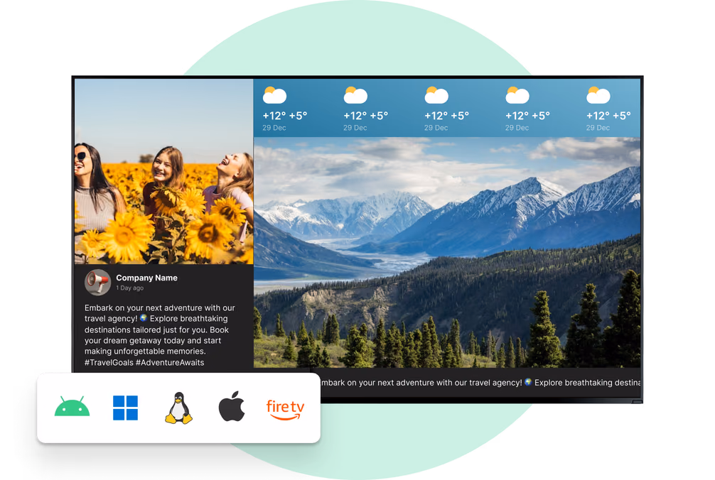 Promoção de agência de viagens com sobreposição de ícones de sistemas operacionais: Android, Windows, Linux, macOS, Fire TV