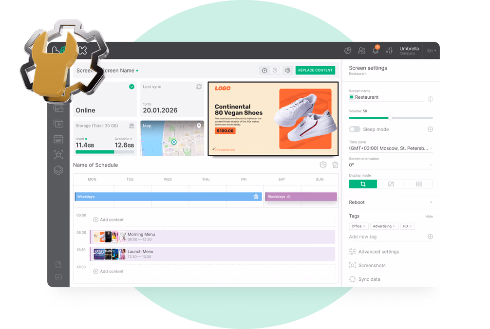 Painel de configurações de tela sobre um modelo de promoção de tênis