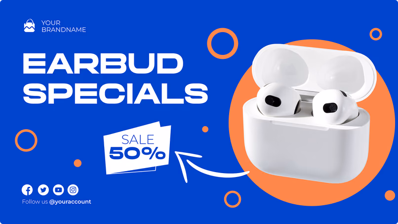Anúncio de promoção de fones de ouvido com 50% de desconto