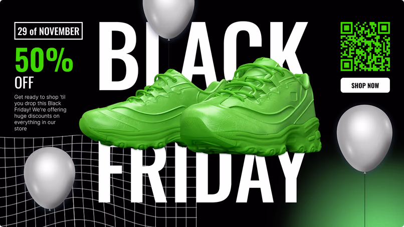 Anúncio de liquidação de Black Friday com 50% de desconto e tênis verdes