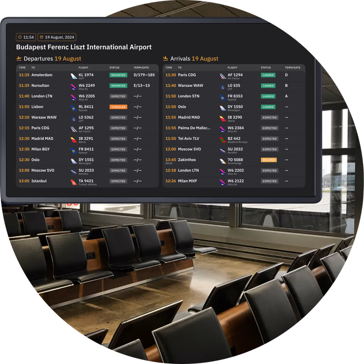 Painel de partidas e chegadas do Aeroporto Internacional Budapeste Ferenc Liszt acima dos assentos do terminal