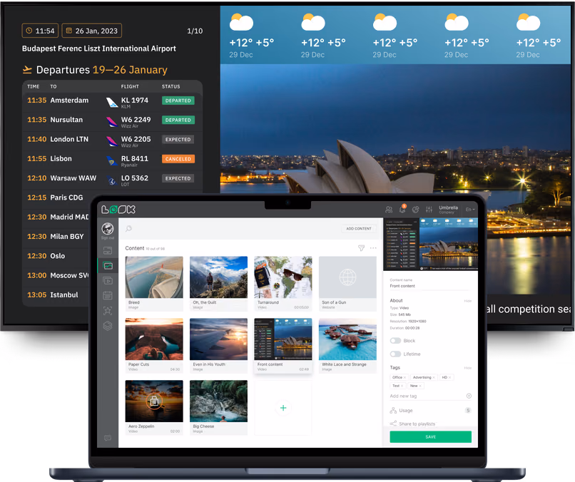 Notebook com o editor de conteúdo Look mostrando uma biblioteca de mídia e a prévia de um painel de partidas