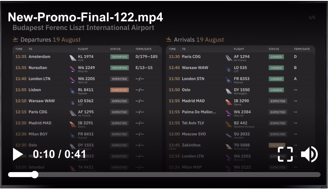 Sobreposição de vídeo promocional genérico rodando sobre uma tela de terminal de aeroporto