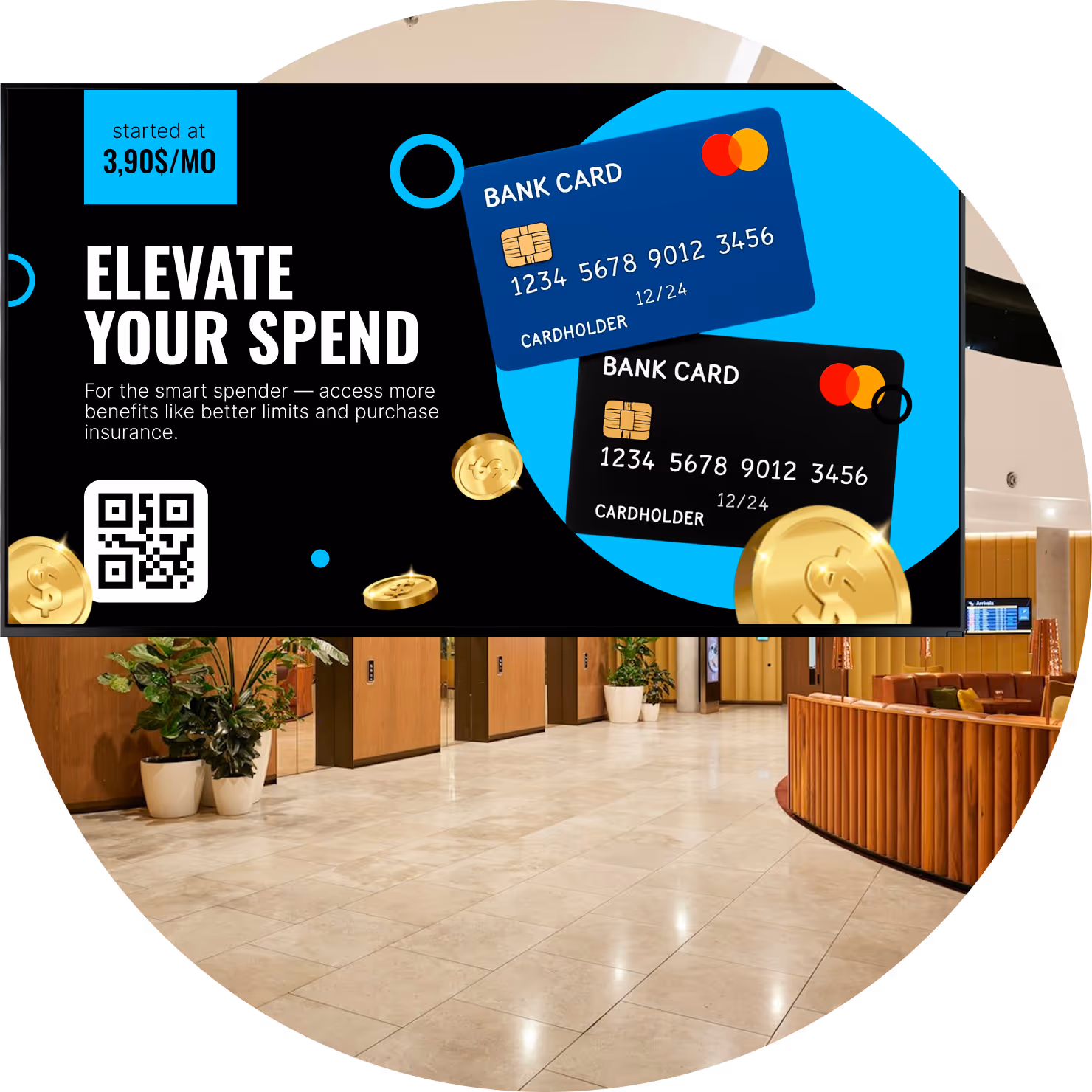 Promoção de cartão bancário em tela do saguão da agência