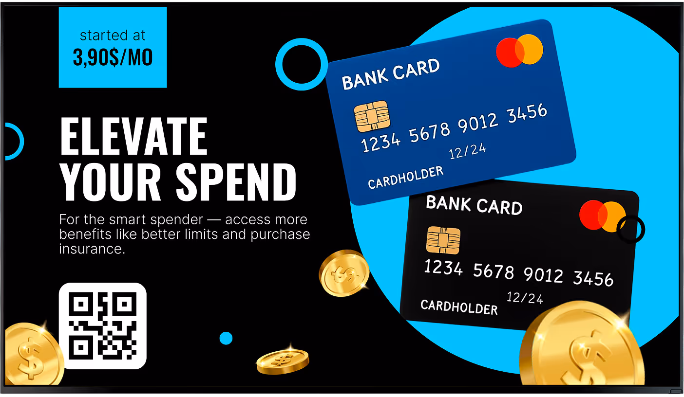 Promoção de cartão bancário "eleve seus gastos" em tela de agência