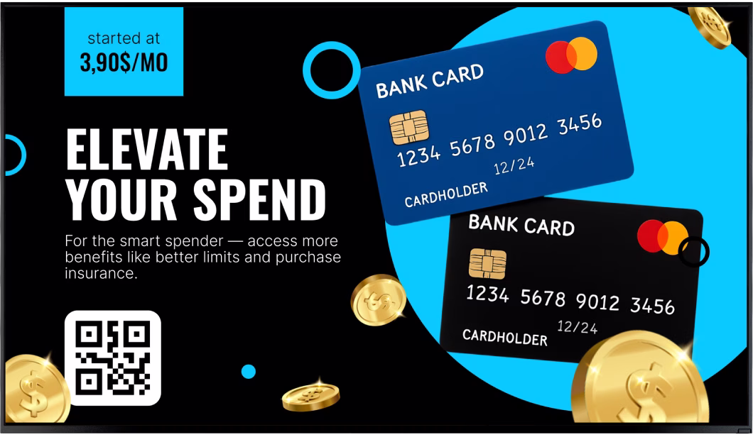 Promoção limpa de cartão bancário com código QR em tela de agência