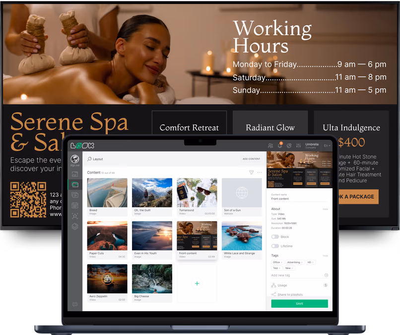 笔记本电脑上的Look内容编辑器,显示素材库和Serene Spa & Salon营业时间预览