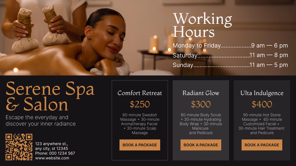 Serene Spa & Salon营业时间与套餐价格模板