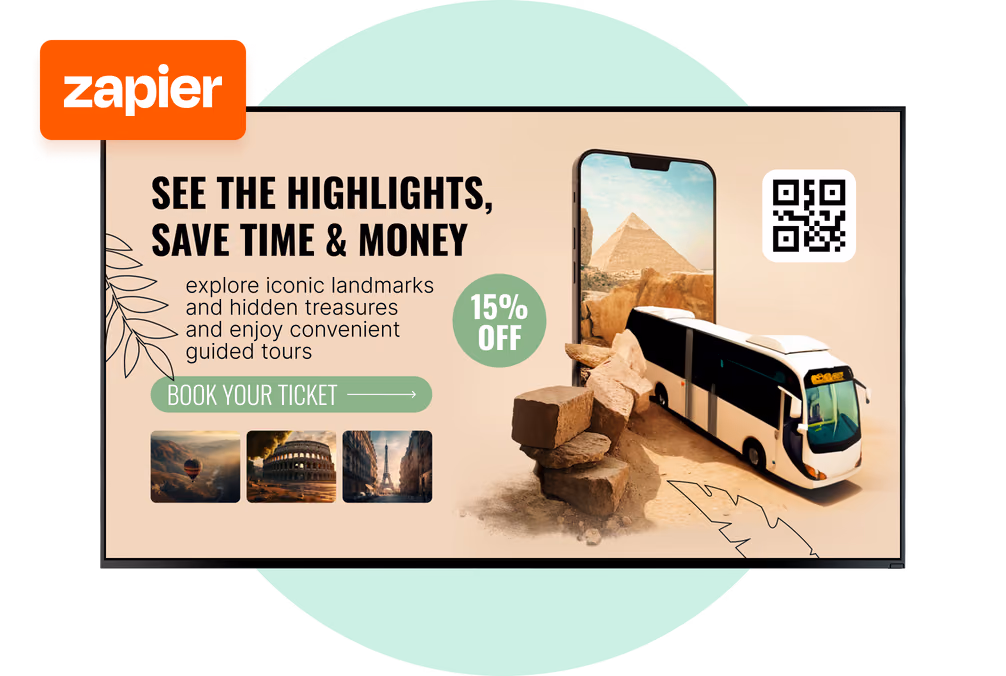 Экран промо обзорной экскурсии со значком интеграции Zapier и QR-кодом