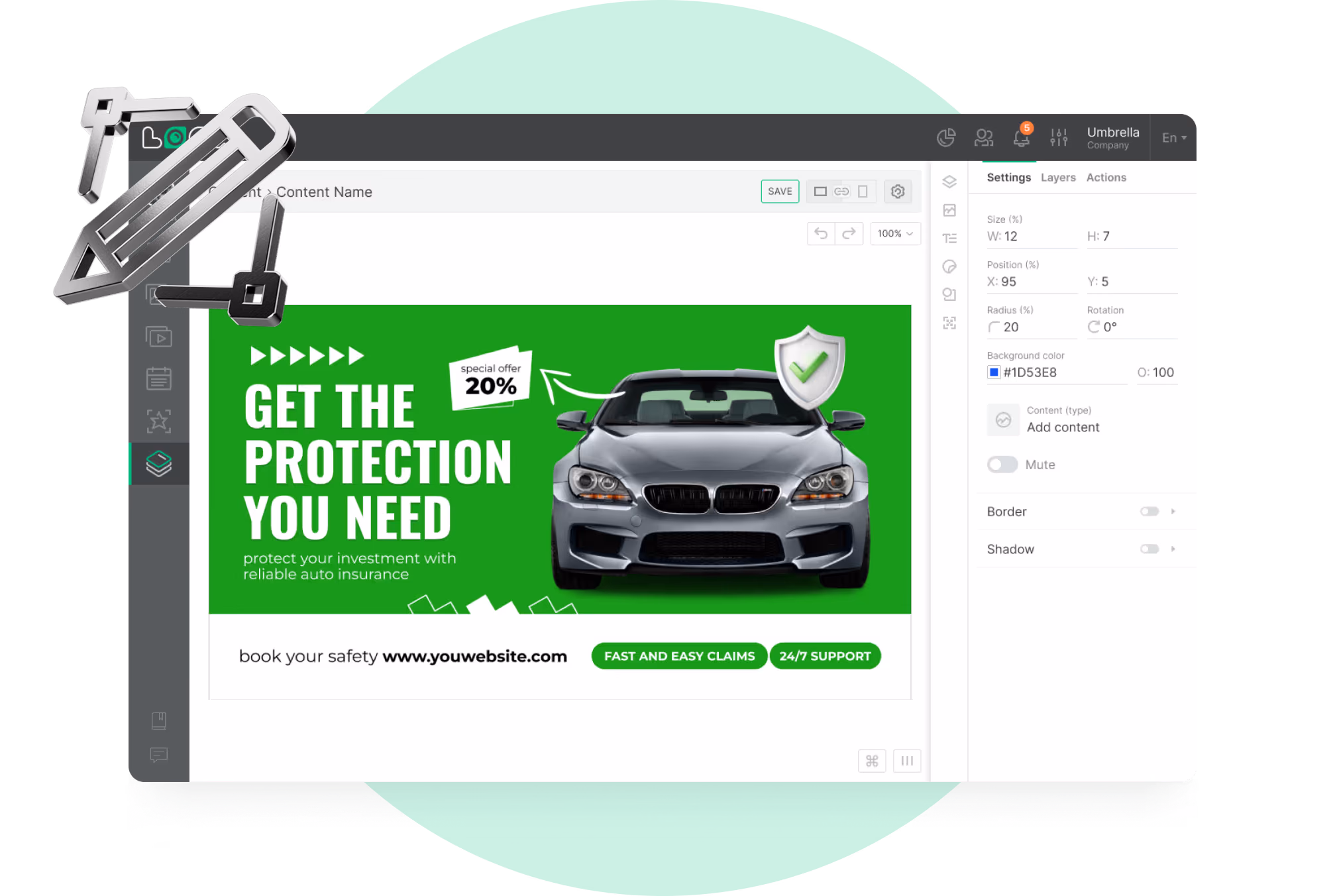 内容编辑器界面,正在制作Get the Protection You Need保险宣传内容,带有密钥图标