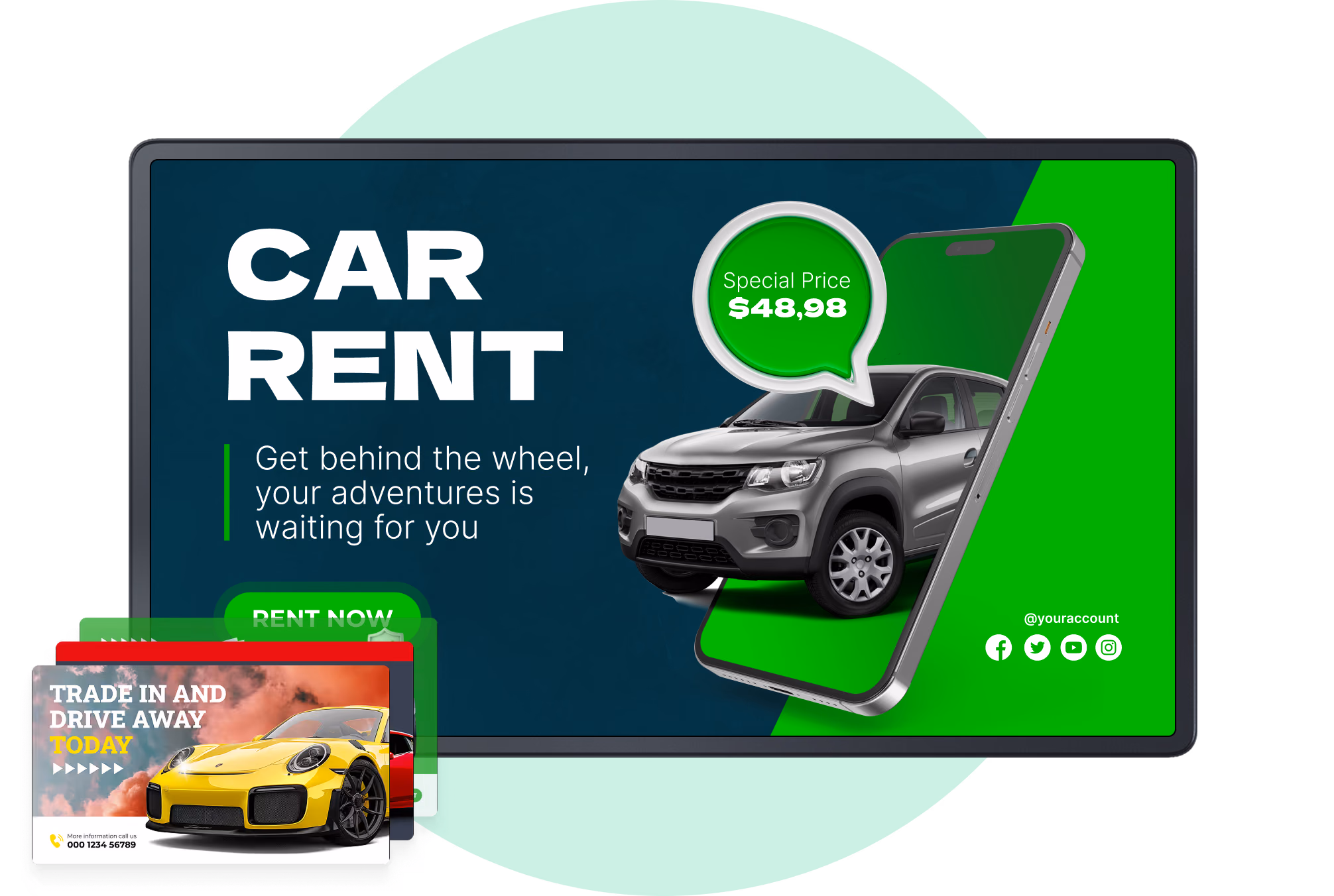 Car Rent宣传内容,附带以旧换新即刻开走卡片