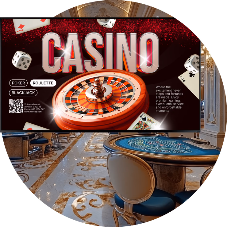Tela de promoção de cassino com uma roleta, cartas de baralho e dados, acima de uma mesa de jogo