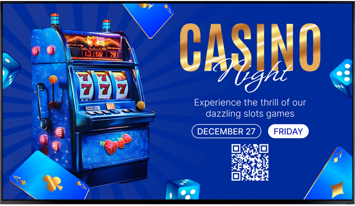 Tela de promoção Casino Night de caça-níqueis com QR code e data do evento