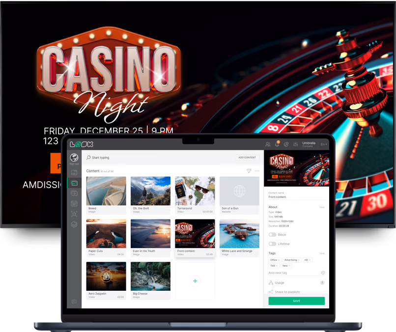 Notebook com o editor de conteúdo Look mostrando uma biblioteca de mídia e a prévia do evento Casino Night sobre uma roleta