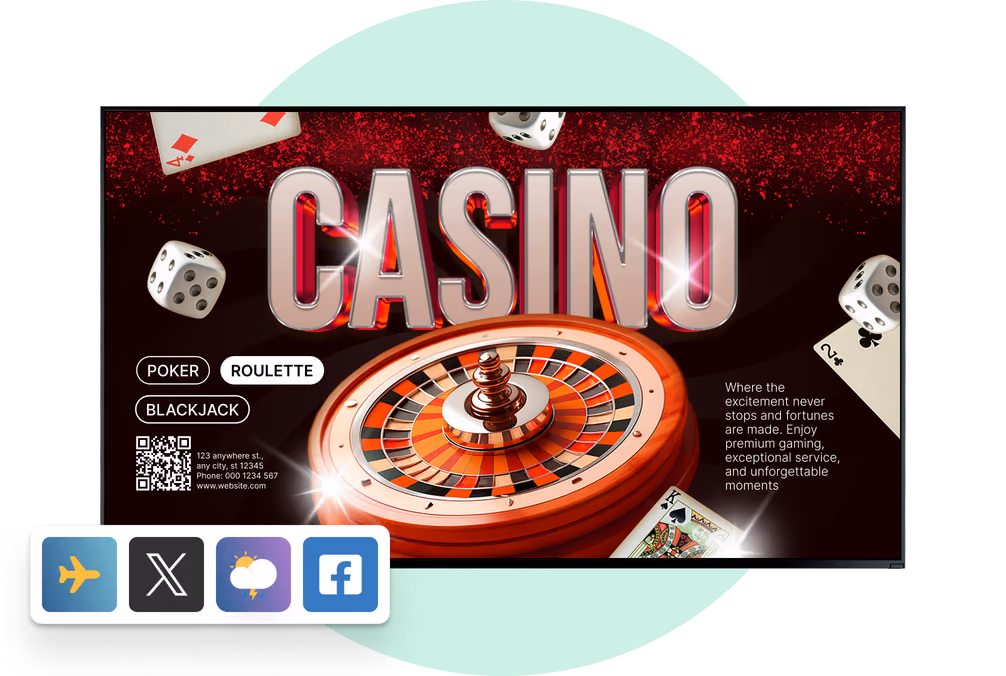 Tela de promoção de cassino com uma roleta e lista de jogos, com ícones de app de voo, social, clima e Facebook sobrepostos