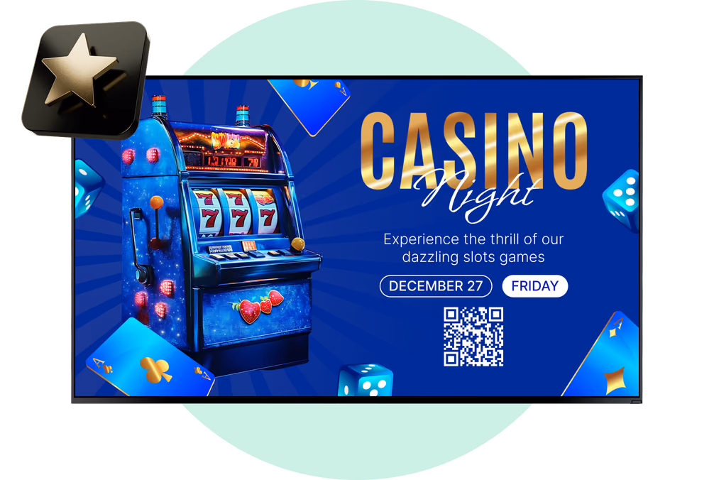 Tela de promoção Casino Night de caça-níqueis com QR code e data do evento