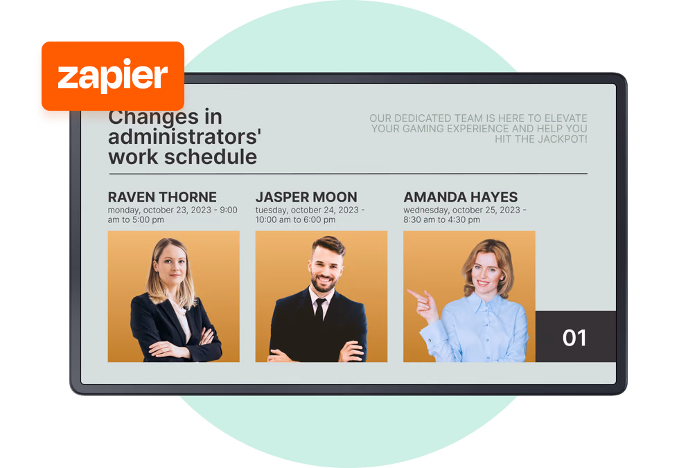 Tela de agenda de trabalho Changes in administrators com fotos da equipe e um selo de integração do Zapier