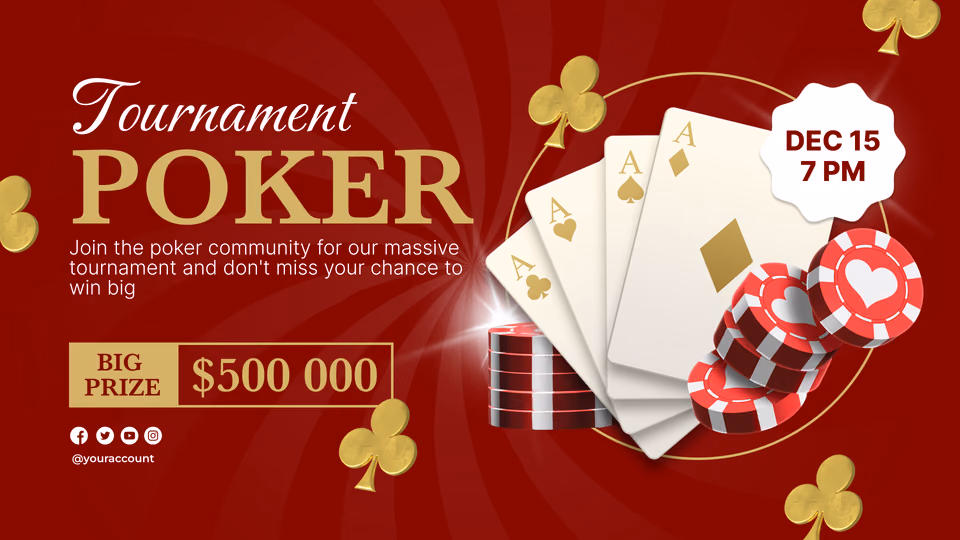 Modelo Tournament Poker com cartas de baralho, fichas e prêmio acumulado