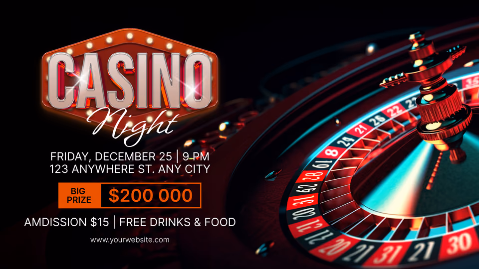 Modelo de evento Casino Night com uma roleta e detalhes do prêmio
