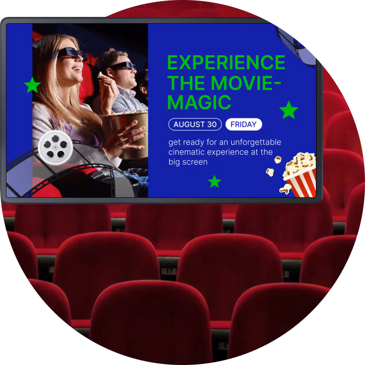 Рекламный экран Experience the Movie-Magic над рядом красных кресел кинозала