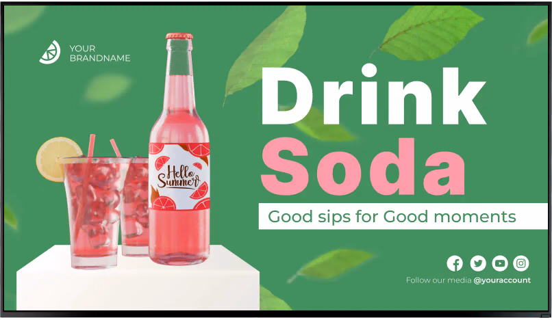 Экран акции «Drink Soda» в буфете с бутылкой и стаканом газировки