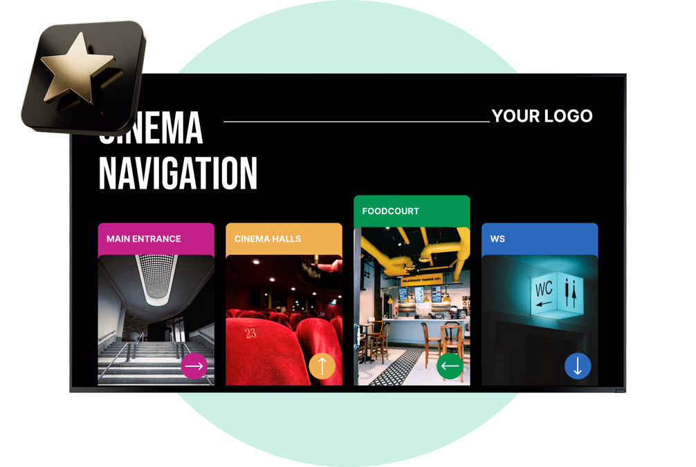 Навигационный экран кинотеатра, разделенный на зоны Main Entrance, Cinema Halls, Foodcourt и WC