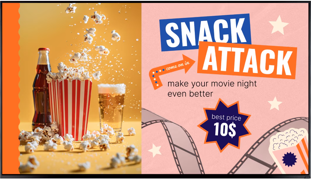 Экран акции «Snack Attack» в буфете без видеоролика