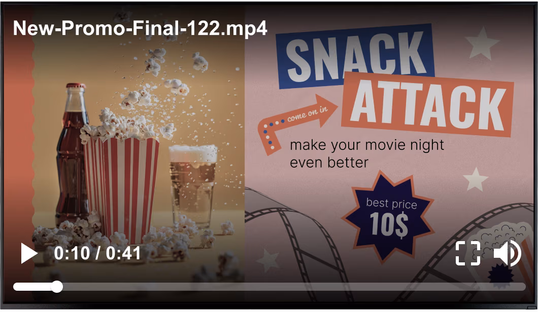 Типовой рекламный ролик поверх экрана акции «Snack Attack» в буфете