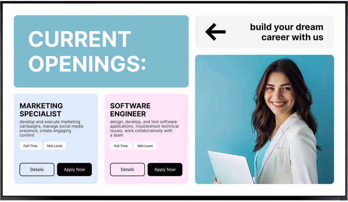 Tela de quadro de vagas "Vagas Abertas" com as posições de Especialista em Marketing e Engenheiro de Software