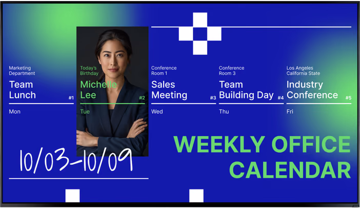 Tela de calendário semanal do escritório com agenda da equipe e destaque de aniversário