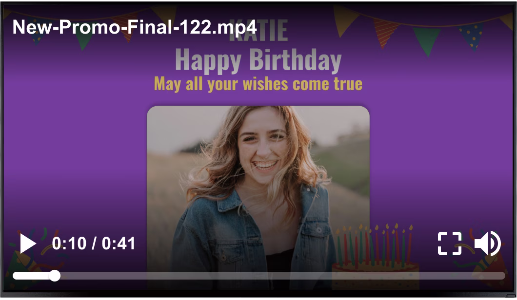 Vídeo genérico de banco de imagens de aniversário rodando sobre um cartão personalizado "Feliz Aniversário"