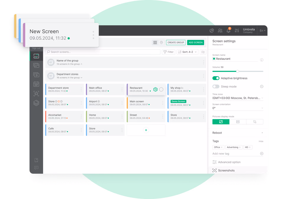 Lista de telas agrupadas por local com o painel de configurações da tela aberto à direita