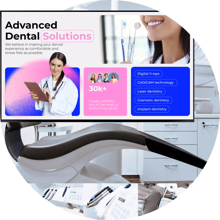 诊椅上方的牙科诊所屏幕,展示“Advanced Dental Solutions”促销内容