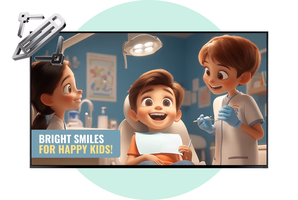 动画牙医与儿童卡通场景,“Bright Smiles For Happy Kids”模板