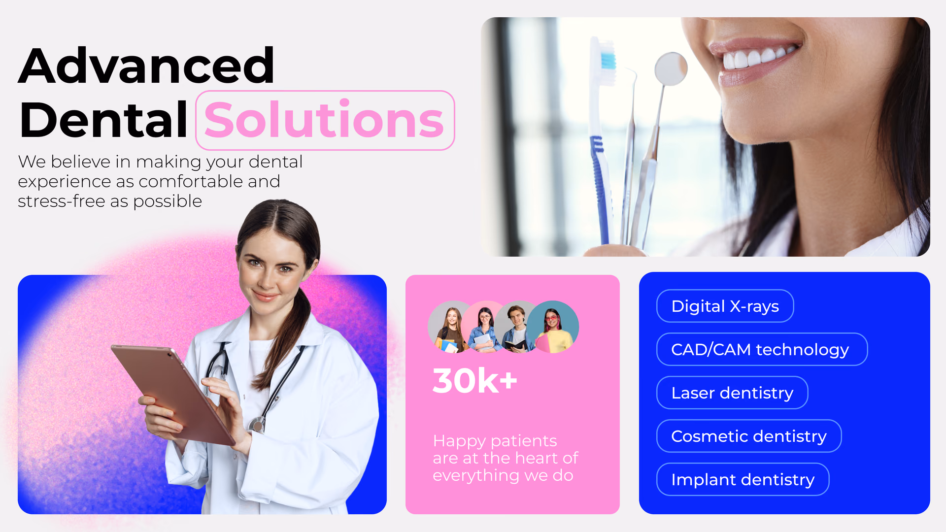 “Advanced Dental Solutions”促销广告牌,展示患者数据