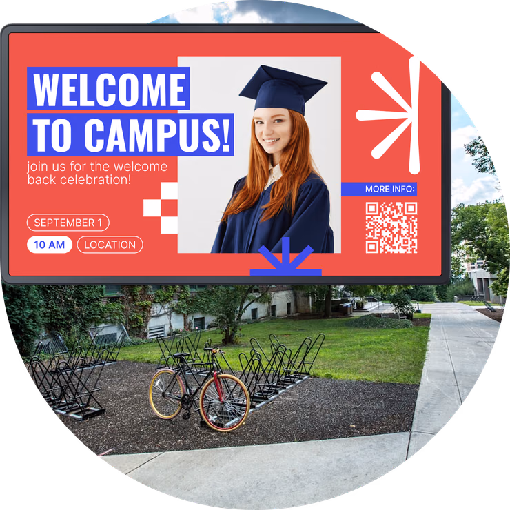 Tela Welcome to Campus com um formando de beca e capelo acima de um bicicletário em um caminho universitário