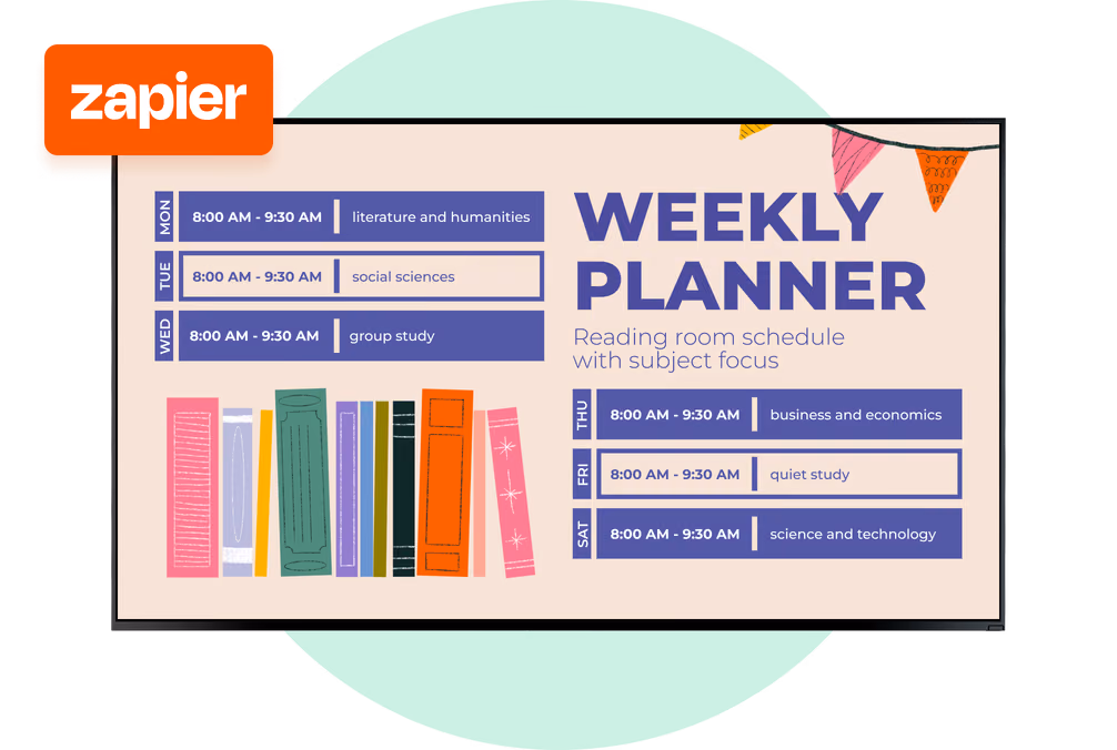 Tela de agenda da sala de leitura "Planejador Semanal" com um selo de integração com o Zapier