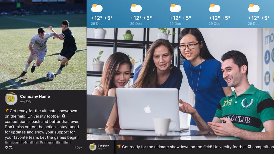 Modelo de post social de competição de futebol universitário com faixa de clima