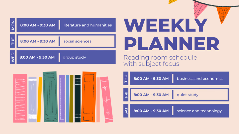 Modelo de agenda semanal Weekly Planner de sala de leitura com foco por matéria