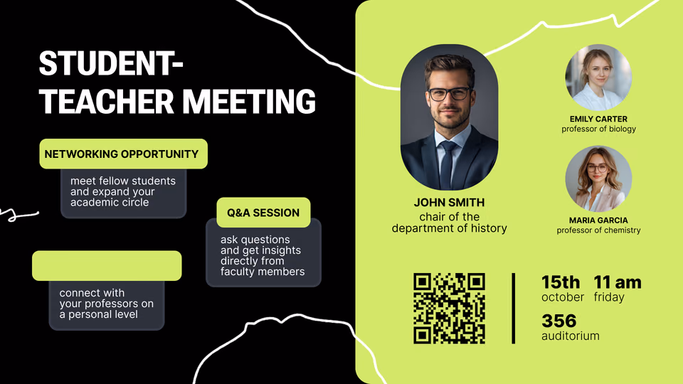 Modelo de evento de networking Student-Teacher Meeting com QR code