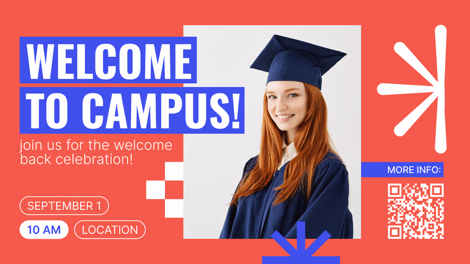 Modelo Welcome to Campus com um formando de beca e capelo