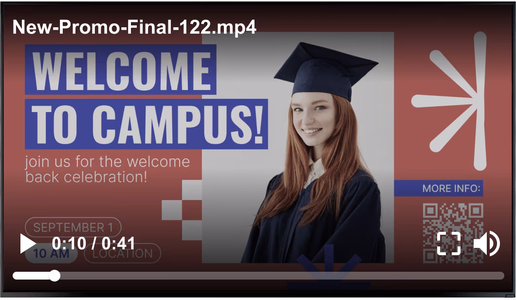 Sobreposição de vídeo promocional genérico rodando sobre uma tela de promoção de campus universitário