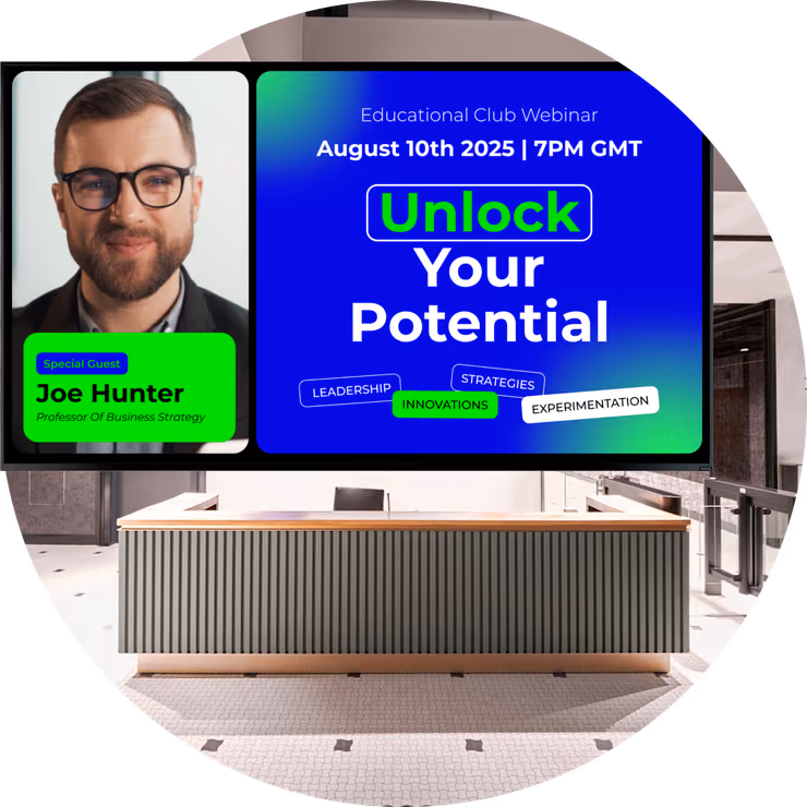Экран образовательного вебинара «Unlock Your Potential» над стойкой ресепшена