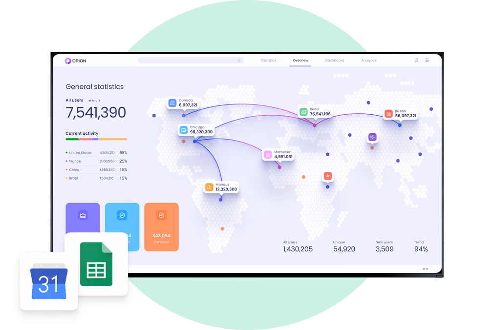 Дашборд общей статистики с картой мира и значками интеграции Google Calendar и Google Sheets