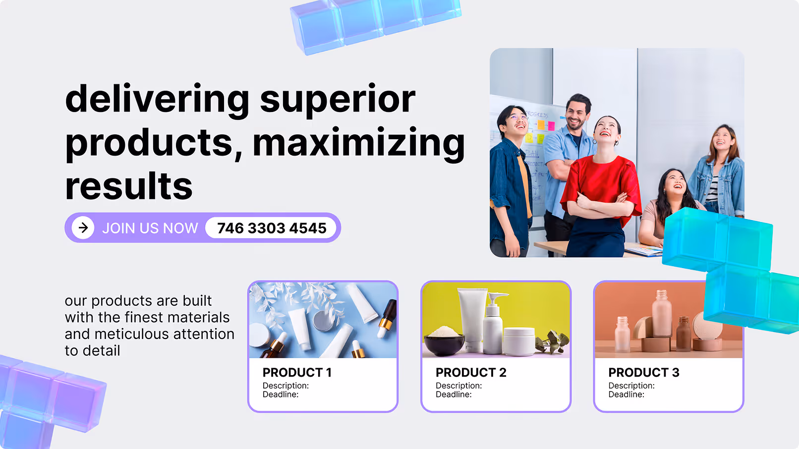 Шаблон «Создаём продукты высшего класса» с фото команды и тремя карточками продуктов