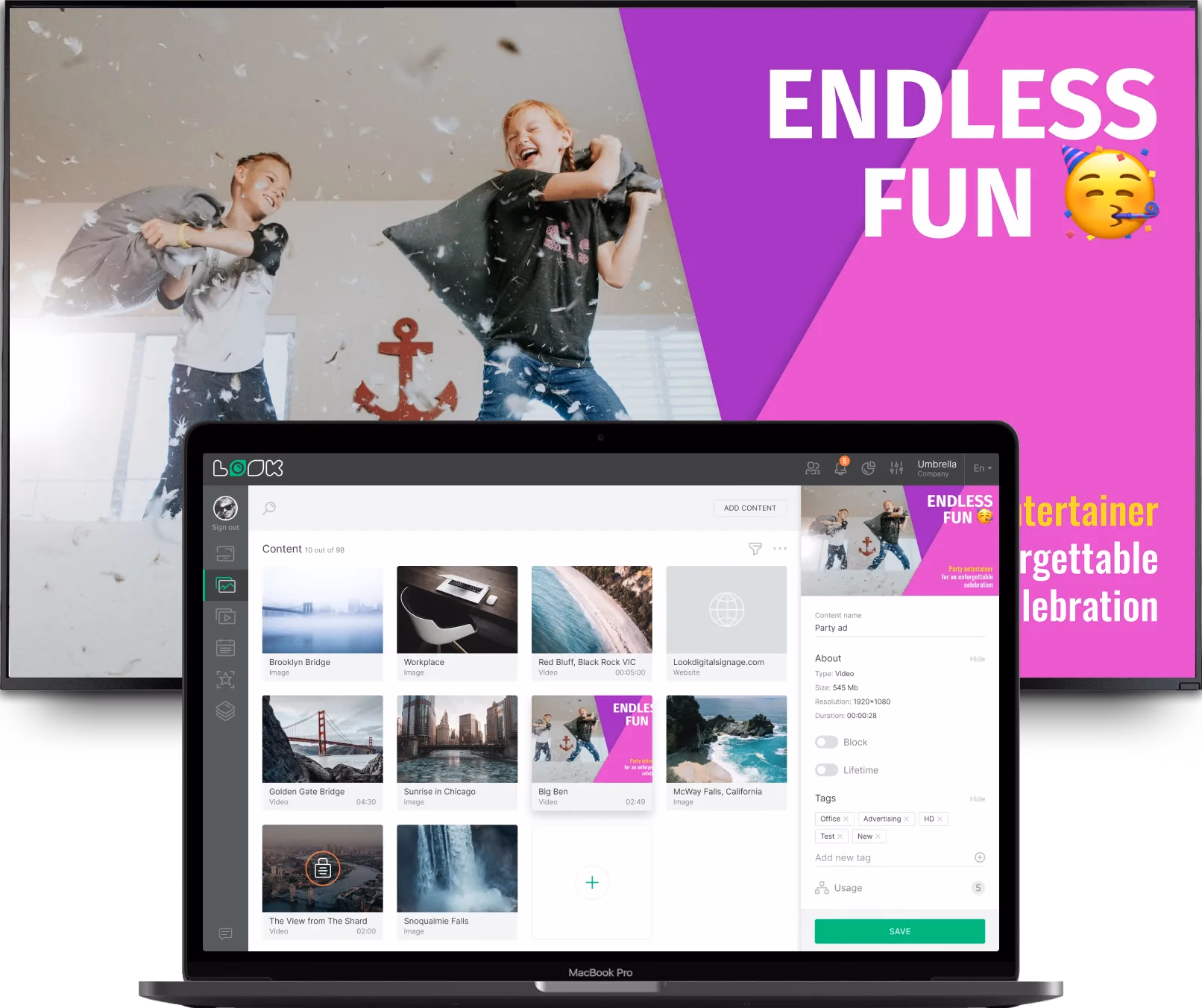 笔记本电脑上的Look内容编辑器,正在制作Endless Fun派对宣传内容