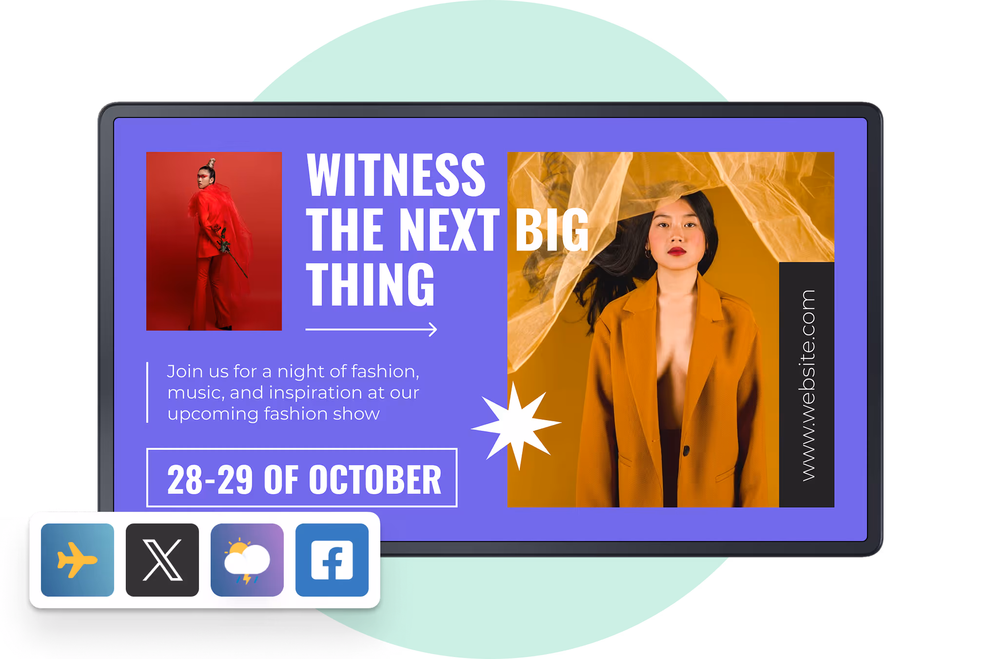 Witness the Next Big Thing时装秀宣传内容,带有应用图标栏