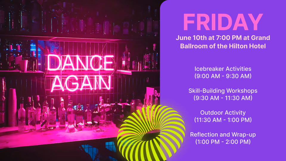 周五派对日程模板,配有Dance Again霓虹酒吧招牌