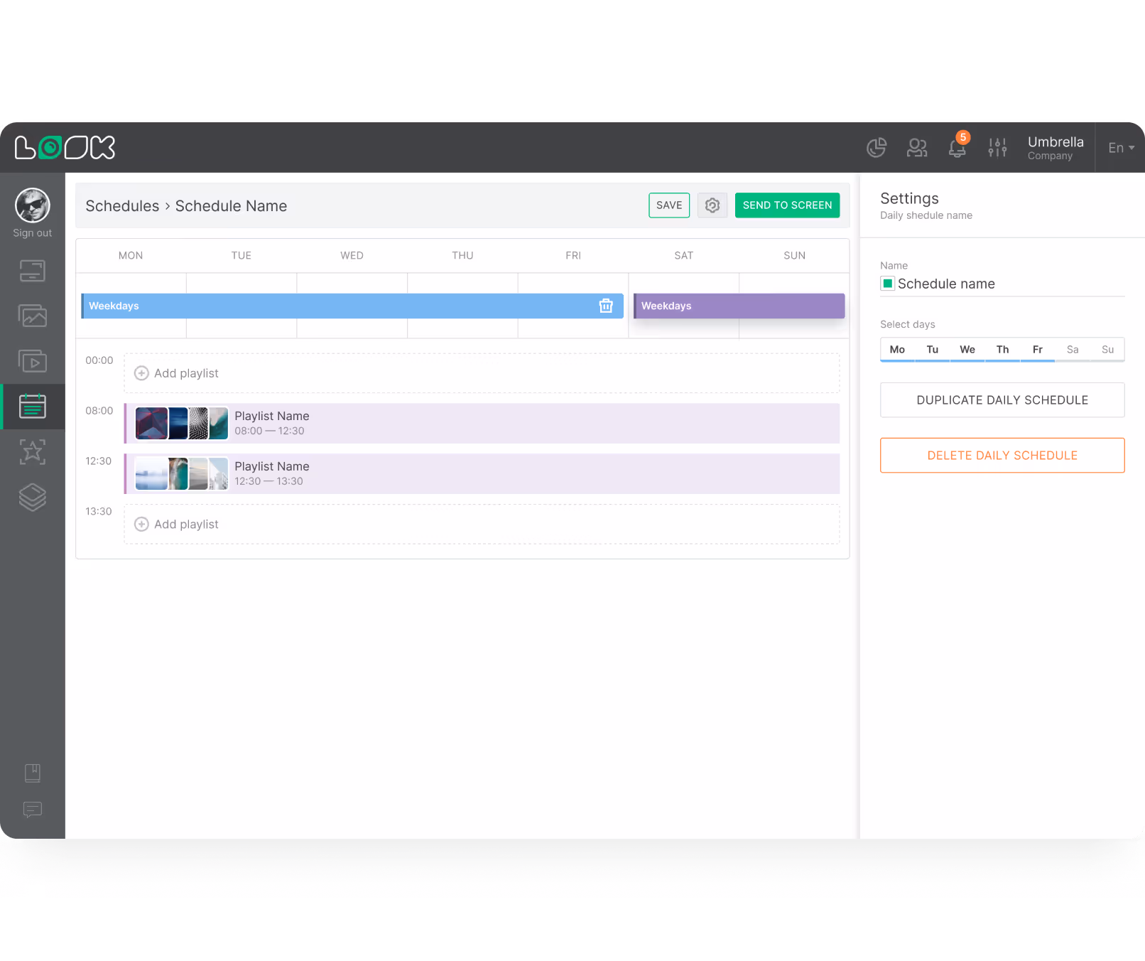 Interface mostrando uma programação semanal de playlist, com configurações diárias e opções para adicionar, duplicar ou excluir programações.
