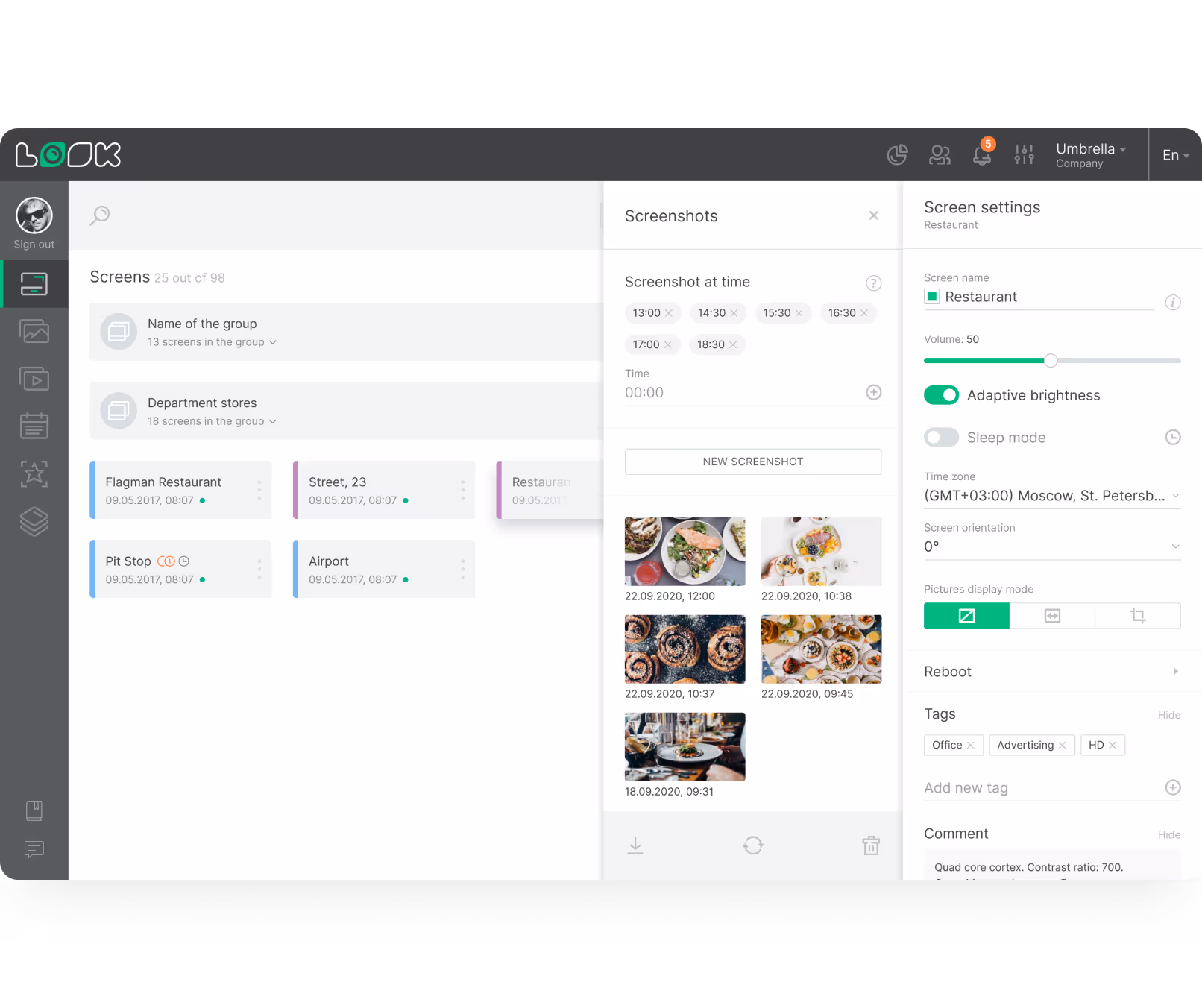 Interface mostrando grupos de telas, capturas de tela com data e hora, e configurações para uma tela de exibição de restaurante.